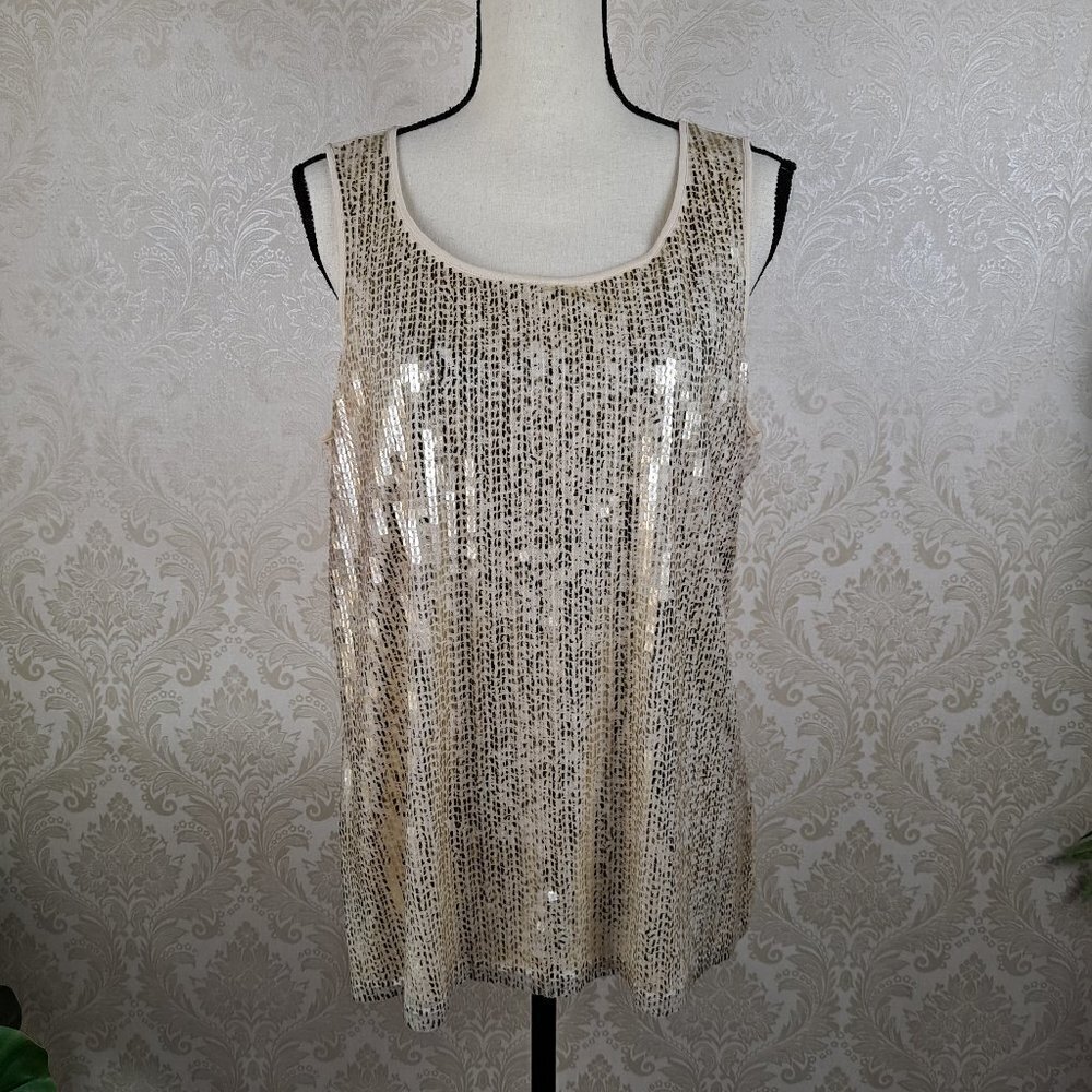 Black Label by Chicos Size 3 (XL 16) Cream and Gold Sequin Front Tank Top